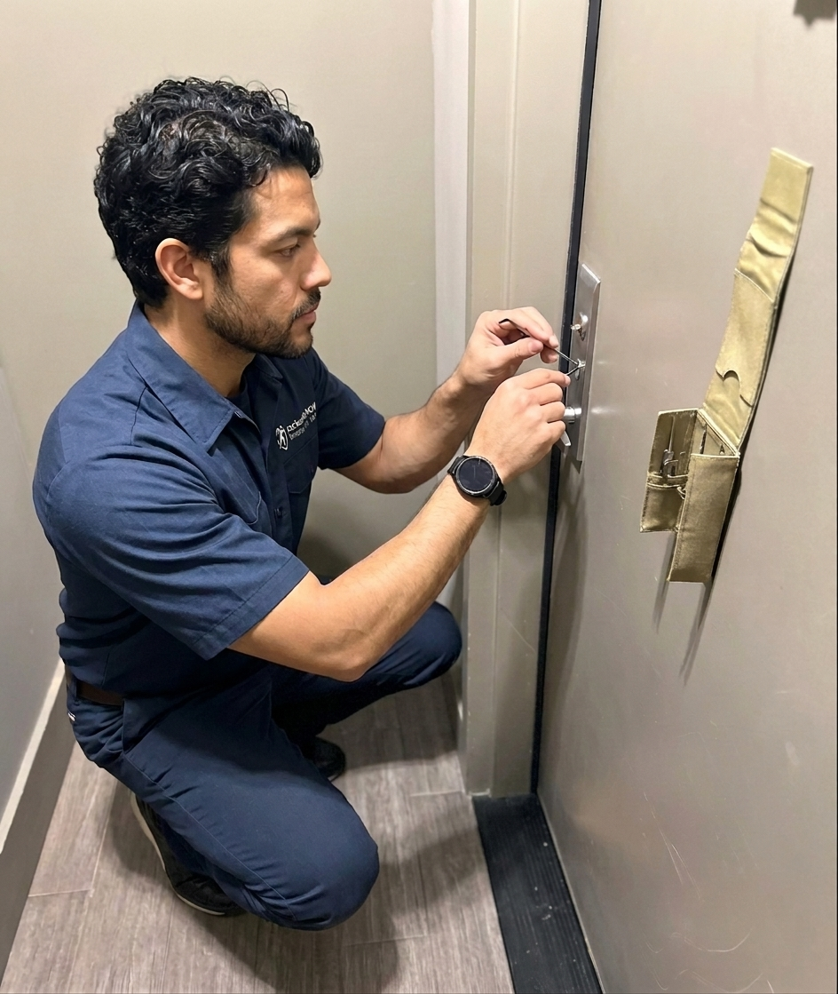 Professional locksmith lock picking service in Brooklyn — damage-free entry on a commercial door lock